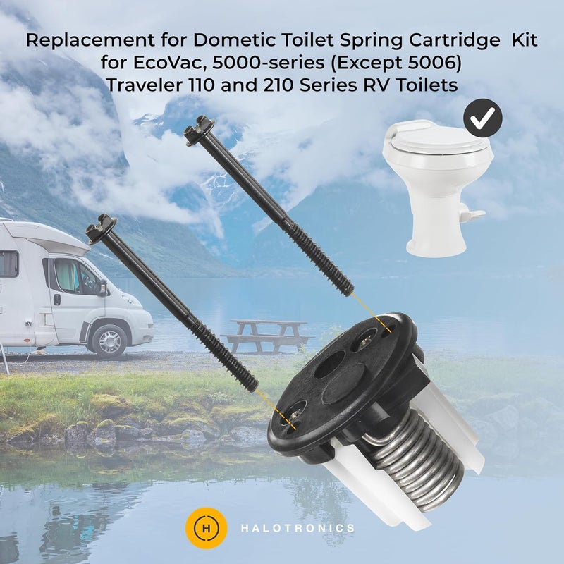 Halotronics 385310683 Compatible Replacement for Dometic Toilet Spring Cartridge Kit with Black End Cap, for EcoVac, 5000-series (Except 5006), Traveler 110 and 210 Series RV Toilets - Image 2